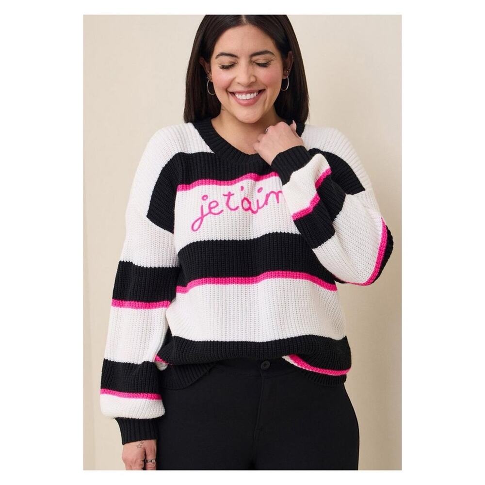 Torrid Black&White Je t’aime (I Love You) Drop Shoulder Crew Neck Sweater Sz.2